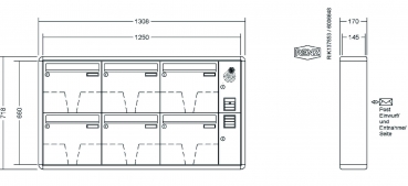 RENZ Briefkastenanlage Aufputz RS2000 Kastenformat 370x330x145mm, mit Klingel - & Lichttaster und Vorbereitung Gegensprechanlage, 6-teilig, Renz Nummer 10-0-35936